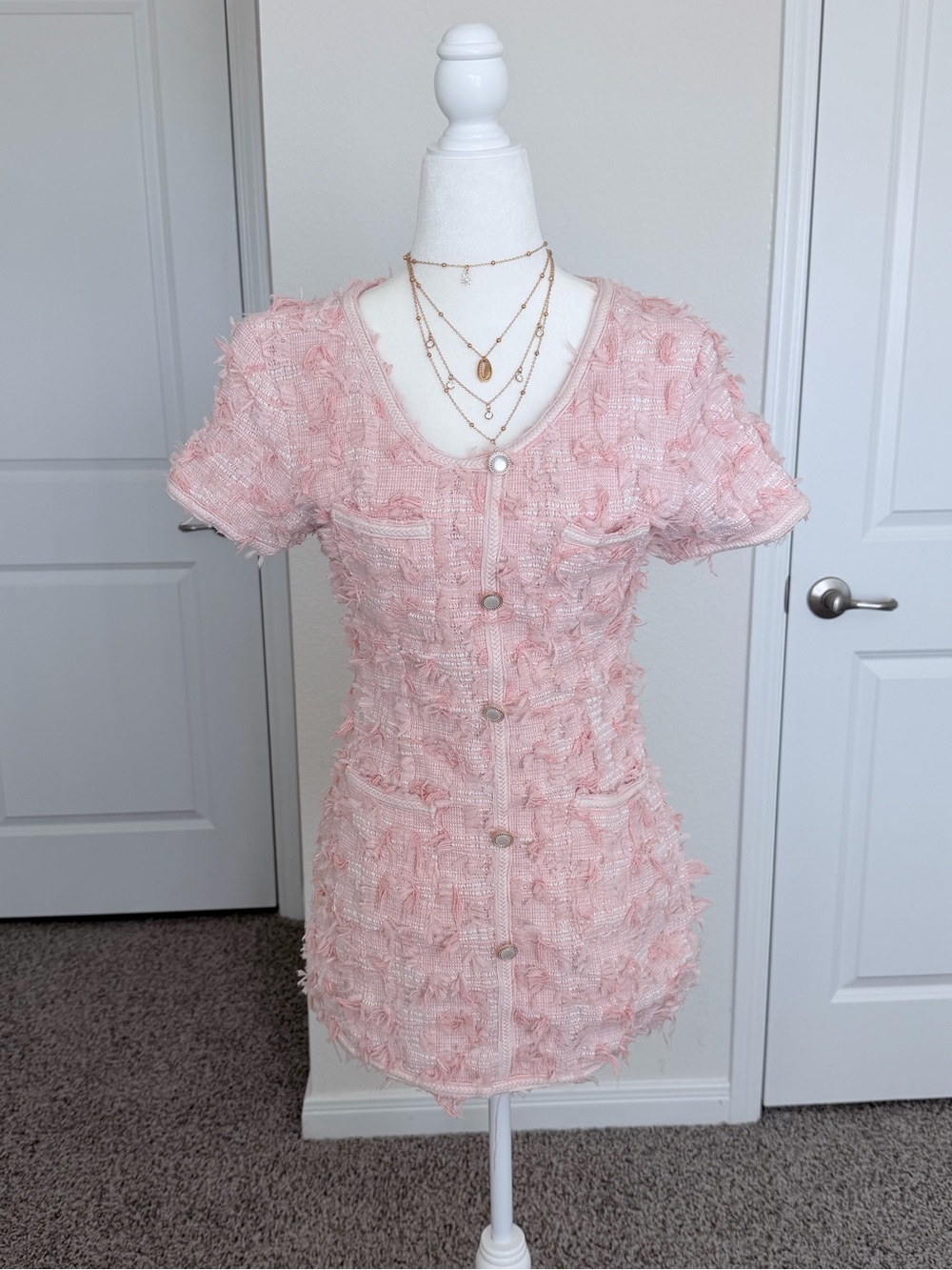 Pink Tweed Mini Dress with Pearl Buttons – Size XS